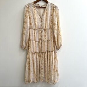 Moon River snakeskin print tiered midi dress long sleeve button front medium